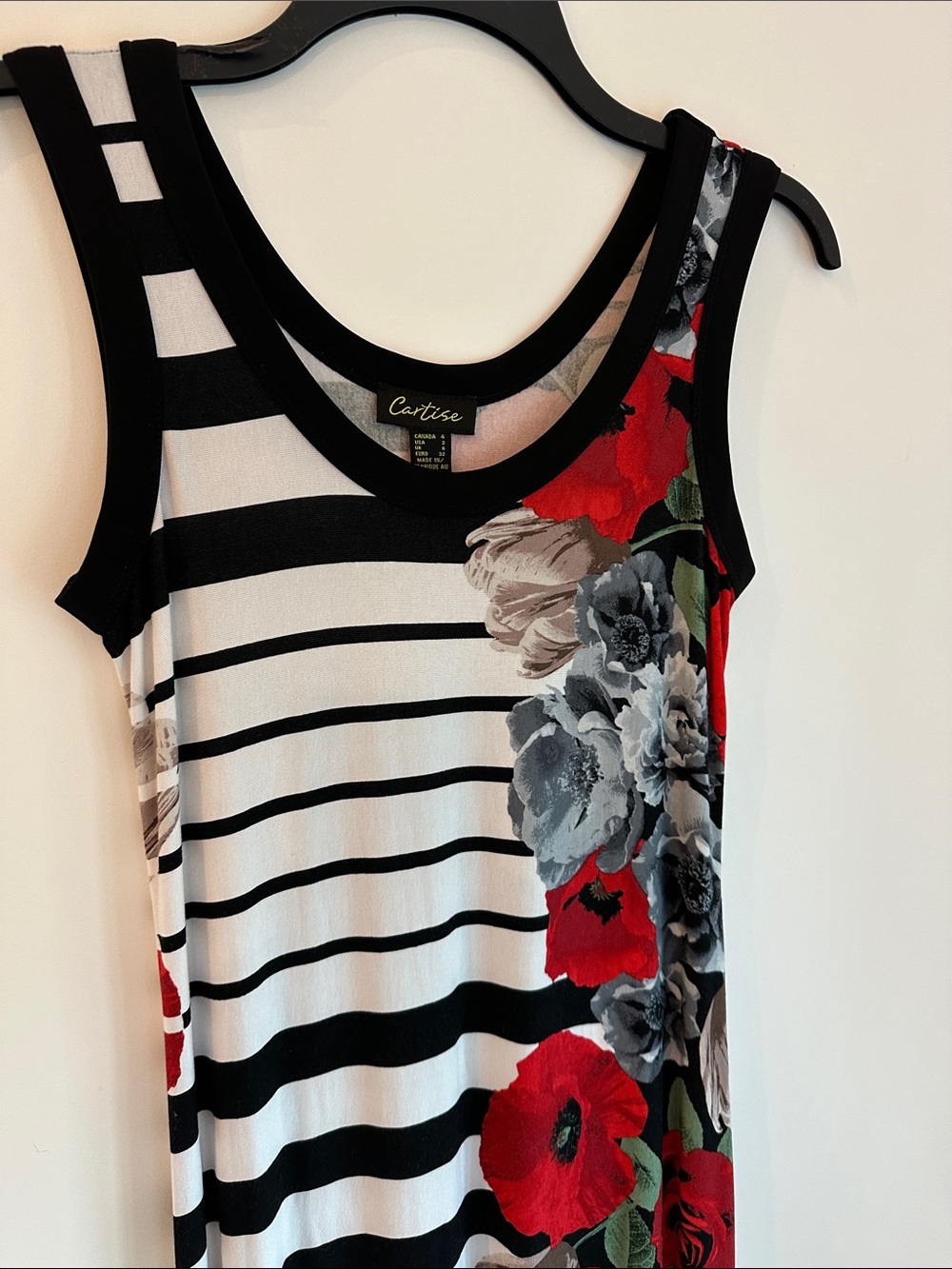 Black & White Striped Maxi Dress with Red Floral Design